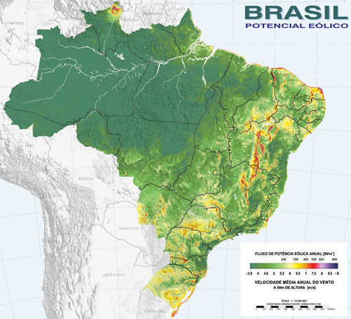 Mapa de velocidade média anual a 50 metros de altura no Brasil